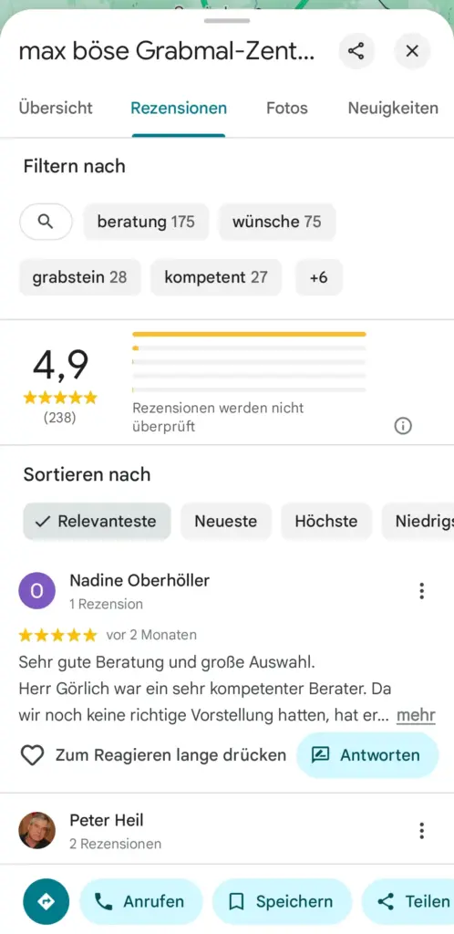 Bewertungen Beispiel Google Maps mobil